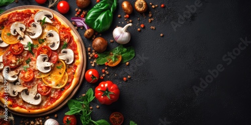 Tasty Italian pizza close-up. View from above. Place for text. Generative AI