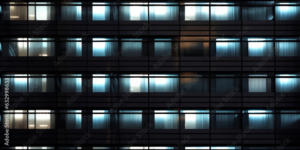 Seamless skyscraper facade with windows and blinds at night. Modern abstract office building background texture with glowing lights against dark black, Generative AI - obrazy, fototapety, plakaty 