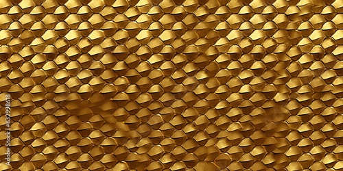 Seamless gold snake or dragon scales background pattern. Golden tileable texture of a mermaid tail, fish squama or lizard skin in shiny metallic yellow. A high resolution backdrop 3D, Generative AI photo