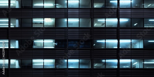 Seamless skyscraper facade with windows and blinds at night. Modern abstract office building background texture with glowing lights against dark black, Generative AI