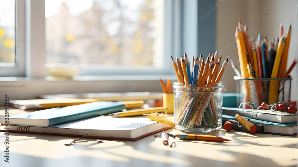 School supplies on a wooden table in a warm interior School supplies on a wooden table in a warm interior