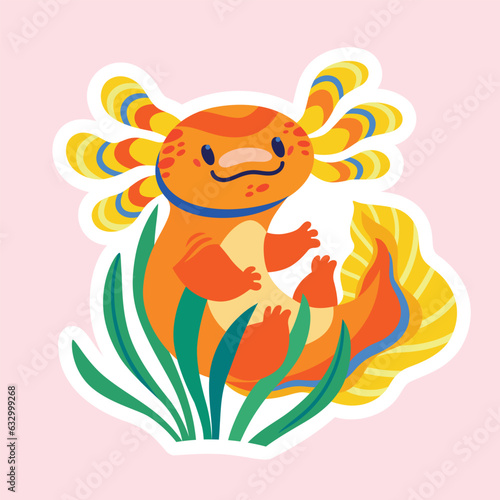 Cute cartoon axolotl, amphibian creature. Vector sticker