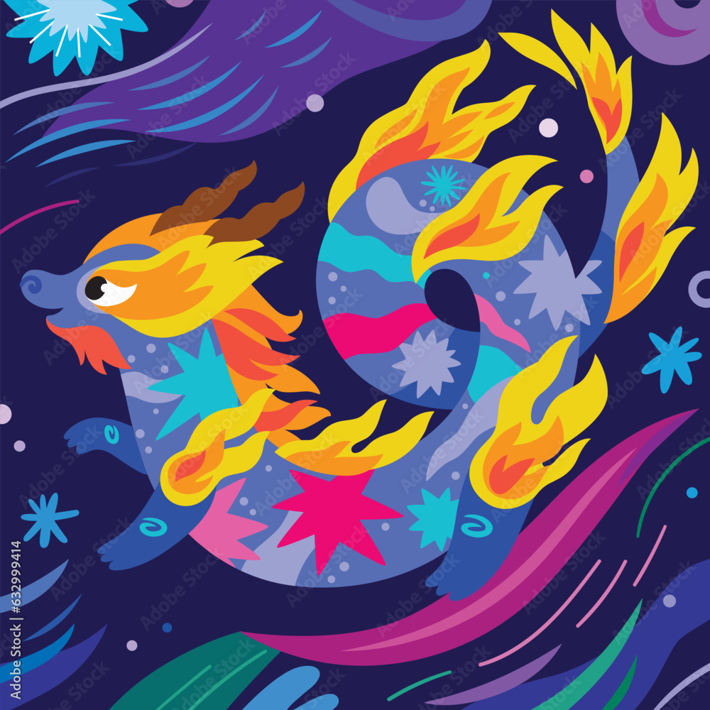 Obraz premium Cute bright abstract Chinese Dragon among the stars and fireworks