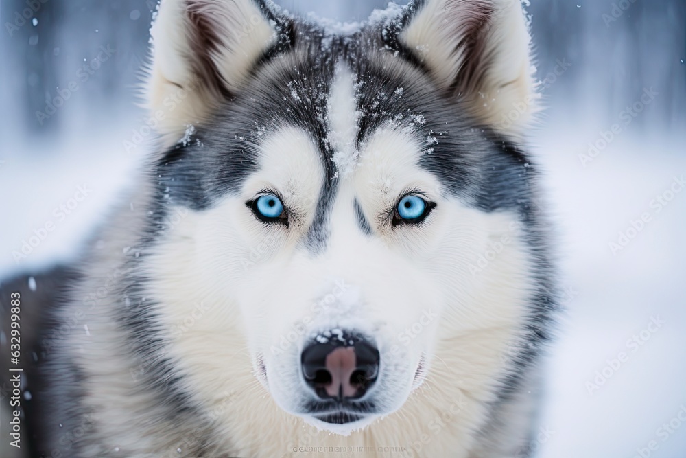 Beautiful Alaskan Husky Portrait in Lapland, Finland. Close up Shot of Blue Eyed Dog in Arctic Husky Farm on Winter Adventure: Generative AI