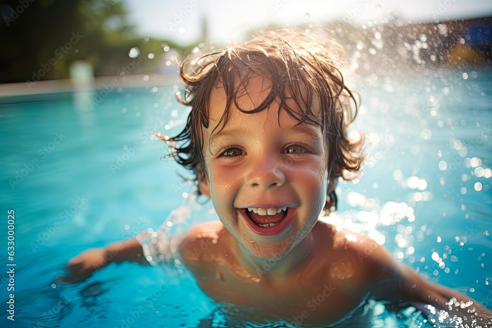 Happy Boy Learning to Swim in the Pool. Exciting Water Adventure for Children and Young Kids, Fun and Joyful Experience: Generative AI