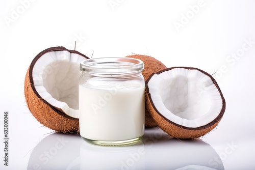 Isolated Coconut Oil with Fresh Young Coconut on White Background. Pure and Healthy Coconut Milk from Juicy Fruit: Generative AI