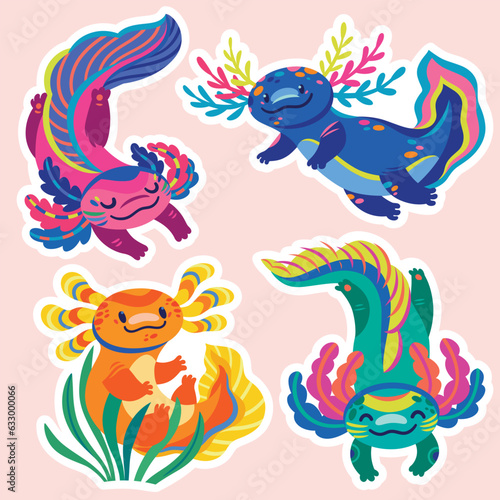 Sticker set of cute cartoon axolotls, amphibian creatures