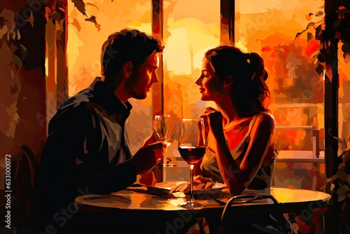 Romantic Dinner for Two  Couple Enjoying Tasty Dish and Wine Glasses in Sun-Kissed Eatery  Generative AI