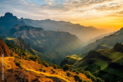 Scenic Sunrise Landscape of Simien Mountains in Ethiopia's National Park with View Point near Chenek Camp amidst Mountain Chain and Natural Beauty: Generative AI photo