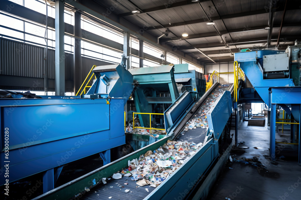 Waste sorting plant. Many different conveyors and bins. conveyors filled with various household waste. Waste disposal and recycling. Waste processing plant. Waste sorting plant. Many different conveyors and bins. conveyors filled with various household waste. Waste disposal and recycling. Waste processing plant.
