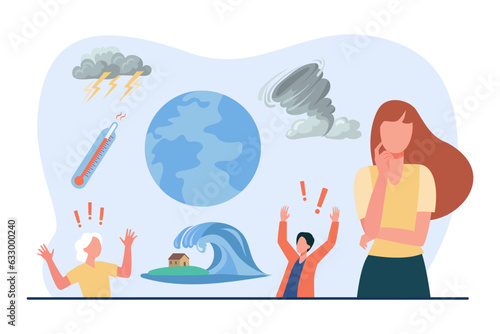 Woman thinking about natural disasters vector illustration. Thunderstorms, tornado, tsunami, drought scaring people and destroying cities and planet. Climate change, cataclysm concept