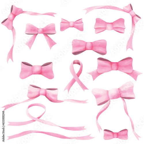Pink watercolor ribbon bow vector collection