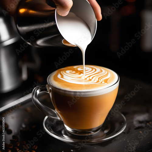 close up barista hands pouring warm milk in coffee cup for making latte art.