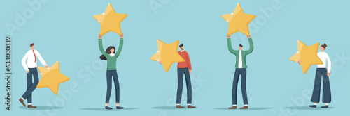 Set of illustrations of random people with stars. Achievement of high results in work done, great success in solving business problems, motivation and productivity in achieving goals, superiority.
