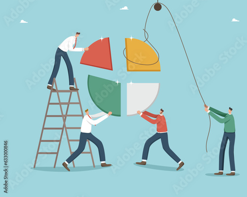 Profit share in business or investment, company shareholder owns part of assets, concept of market distribution or competition, analysis of income and expenses, businessmen add up parts of pie chart.