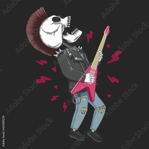 Punk Skeleton Mohawk Hair with Leather Jacket Playing Electric Guitar Isolated on Black Background, Vector Illustration
