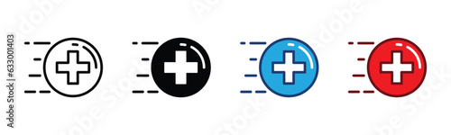Quick medical care icons set. Fast medical treatment icon symbol in line and flat style on white background. Red cross on fast circle. Vector illustration
