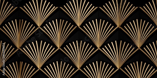 Seamless golden Art Deco diamond palm fan line pattern. Vintage roaring 20s abstract geometric gold plated relief sculpture on dark black background. Elegant shiny luxury backdrop. 3D, Generative AI