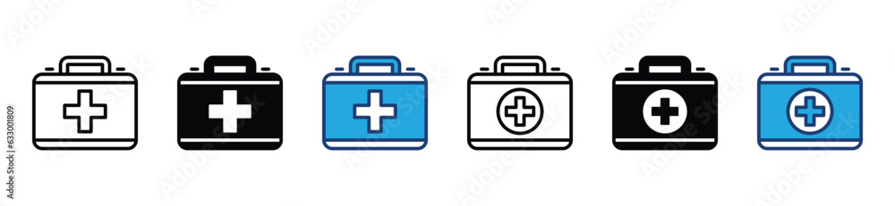 First aid box line and flat icons set. First aid kit, Medical care bag icon symbol. Vector illustration First aid box line and flat icons set. First aid kit, Medical care bag icon symbol. Vector illustration