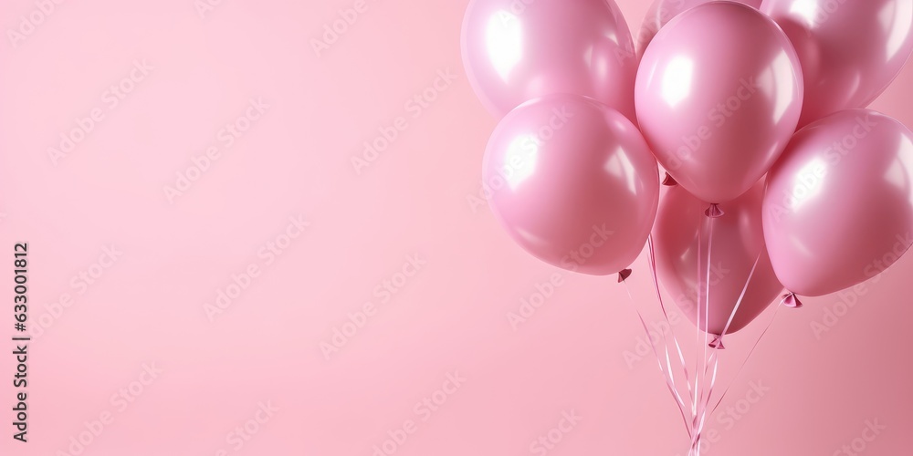 Pink balloons on a pink background, with space for text. Banner pink. Generative AI