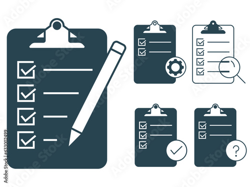 Clipboard icon with checklist , checkmarks, magnifier and pencil