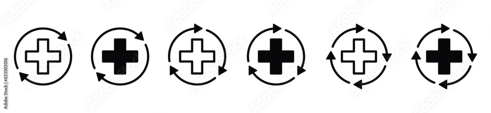 Recover line and flat icons set. Recovered, healthy again, back to health, circle arrow with red cross icon symbol. Medicals care vector illustration Recover line and flat icons set. Recovered, healthy again, back to health, circle arrow with red cross icon symbol. Medicals care vector illustration