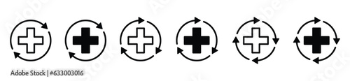 Recover line and flat icons set. Recovered, healthy again, back to health, circle arrow with red cross icon symbol. Medicals care vector illustration