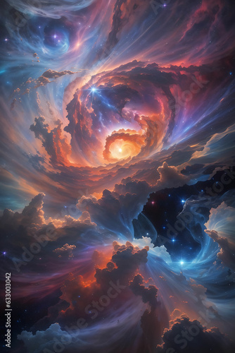 They marveled at the beauty of a nearby nebula, its swirling clouds of gas and distroyed like fire an abstract painting in the cosmos.