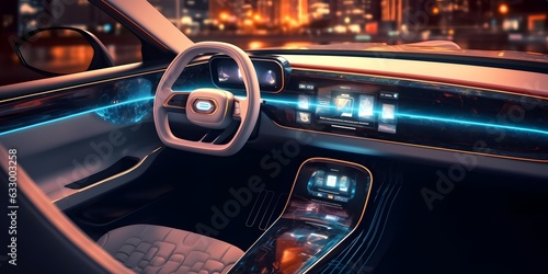 Futuristic autonomous vehicle cockpit. Interior of unmanned car cockpit with digital screens. Created with Generative AI