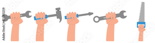 worker hand holding tools for work repair mechanic hammer, spanner, screwdriver