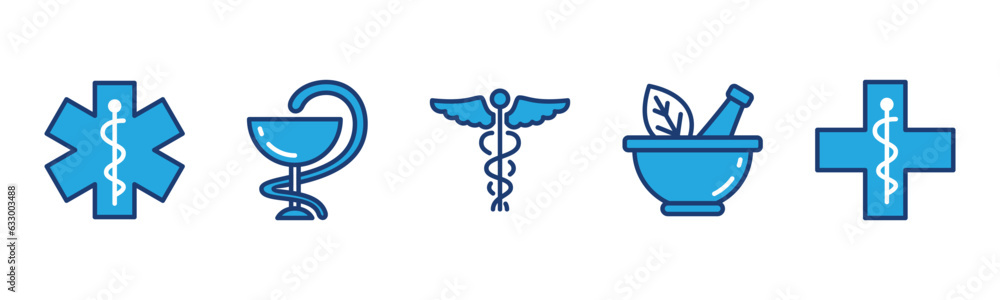 Pharmacy icons set. Caduceus snake, medicals, herbal bowl icon symbol for apps and websites. Health care vector illustration Pharmacy icons set. Caduceus snake, medicals, herbal bowl icon symbol for apps and websites. Health care vector illustration
