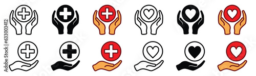 Health care icons set. Heart in hand, hands holding heart and red cross, healthcare icon symbol in line and flat style. Medicals care vector illustration