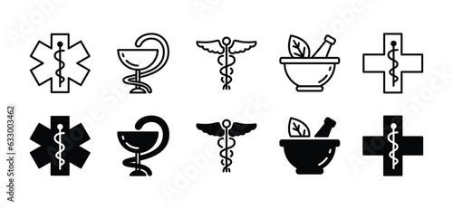 Pharmacy icons set. Caduceus snake, medicals, herbal bowl icon symbol in line and flat style for apps and websites. Health care vector illustration
