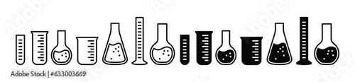 Laboratory test tube icons set. Science lab icon. Chemistry, medicals, chemical, lab flask icon symbol in line and flat style. Various kinds of laboratory tubes. Vector illustration