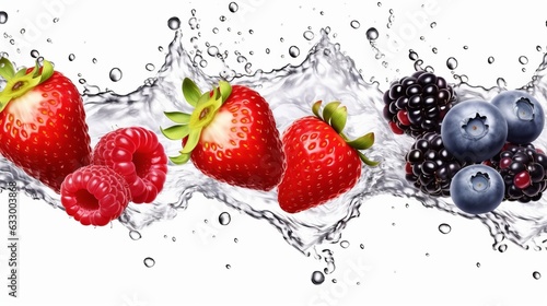Fresh berries collection with water splash on white background