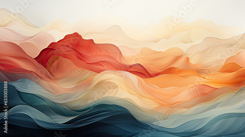 Elegant abstract mountain background. Watercolor wallpaper with gold wavy lines, cadmium yellow color. 