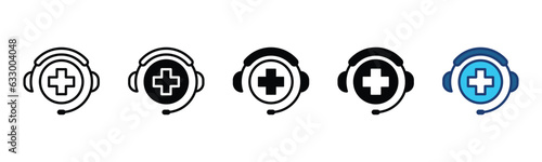 Medicals support service icons set. Hospital or clinic support icon signs. Emergency call center, chat, messages of hospital symbol in line and flat style. Vector illustration