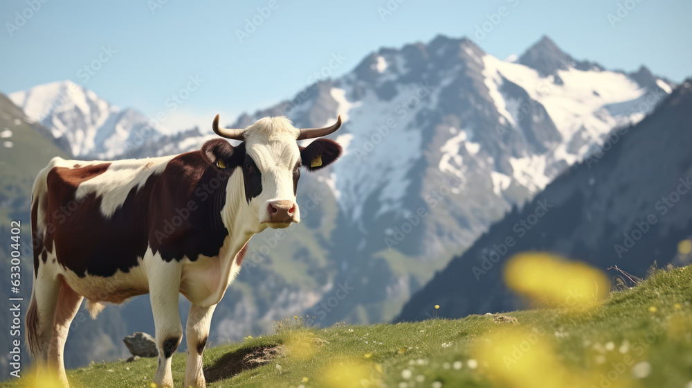 Cow stands in high alpine meadow snowy mountains Cow stands in high alpine meadow snowy mountains