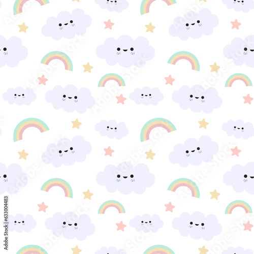 Cute pattern with clouds and rainbow, Cute cartoon rainbows smiling
