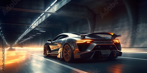 Futuristic Sports Car On Highway. Powerful acceleration of a supercar on a night track with lights and trails. 3d illustration. Generative Ai. © Lucky Ai