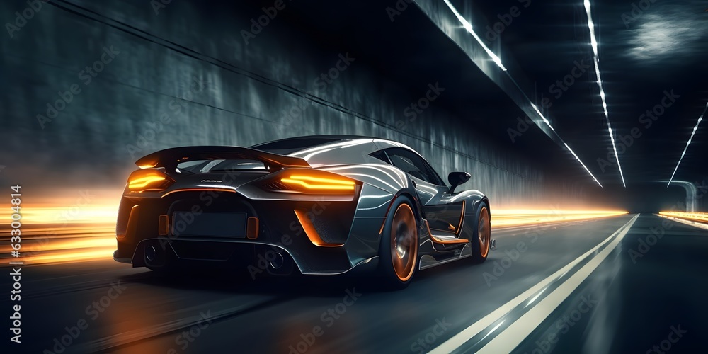 Futuristic Sports Car On Highway. Powerful acceleration of a supercar on a night track with lights and trails. 3d illustration. Generative Ai.