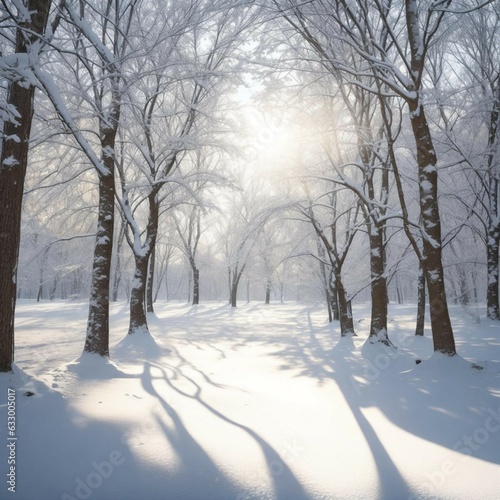 a snowy forest with trees and sun shining through