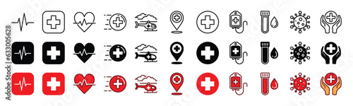 Medical care icons set. Medicine and Health care icon symbols collection. Heartbeat, red cross, ambulance, map pin, infuse, laboratory test tube, virus. Vector illustration