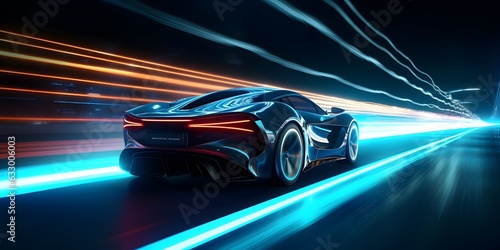 Futuristic Sports Car On Highway. Powerful acceleration of a supercar on a night track with lights and trails. 3d illustration. Generative Ai.