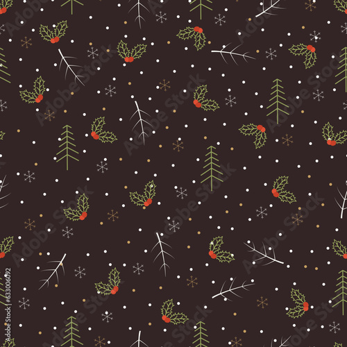 Christmas tree, mistletoes, polka dots seamless pattern. Whimsical arrangement of Xmas motifs. Christmassy texture background