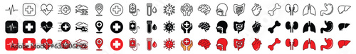Medical care line and flat icons set. Medicine, health care, human internal organs icon symbols collection. Vector illustration