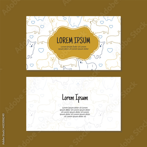 Business card template, cute puppies seamless pattern vector design. Double-sided creative business card template. Landscape orientation. Vector illustration.