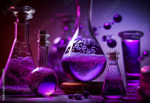 Many glass flasks filled with various purple liquids and gels. AI Generated