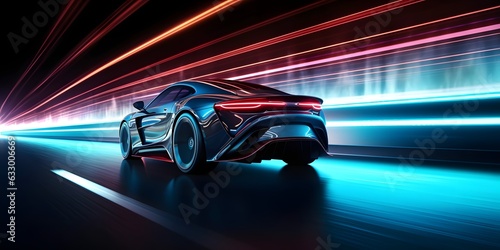 Futuristic Sports Car On Highway. Powerful acceleration of a supercar on a night track with lights and trails. 3d illustration. Generative Ai.