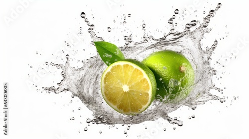 Fresh fruit lime with water splash on white background